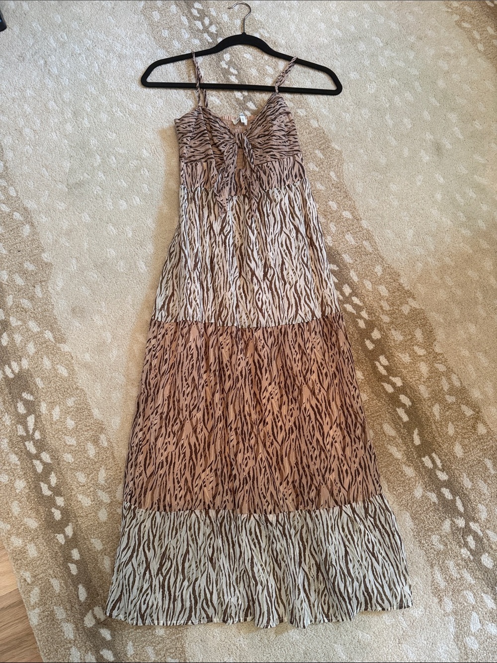 Heartloom Tiered Zebra-Print Midi Dress in Brown and Cream